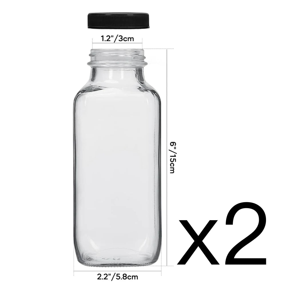Glass Drink Bottles, 12OZ Vintage Square Water Bottles with Lids, Juice Bottles Beverages Containers for Milk, Kombucha, Smooth