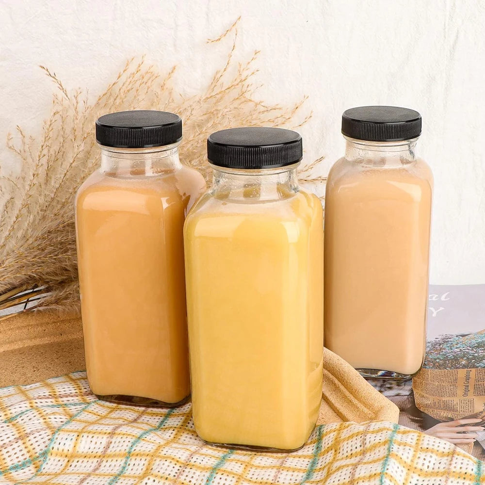 Glass Drink Bottles, 12OZ Vintage Square Water Bottles with Lids, Juice Bottles Beverages Containers for Milk, Kombucha, Smooth
