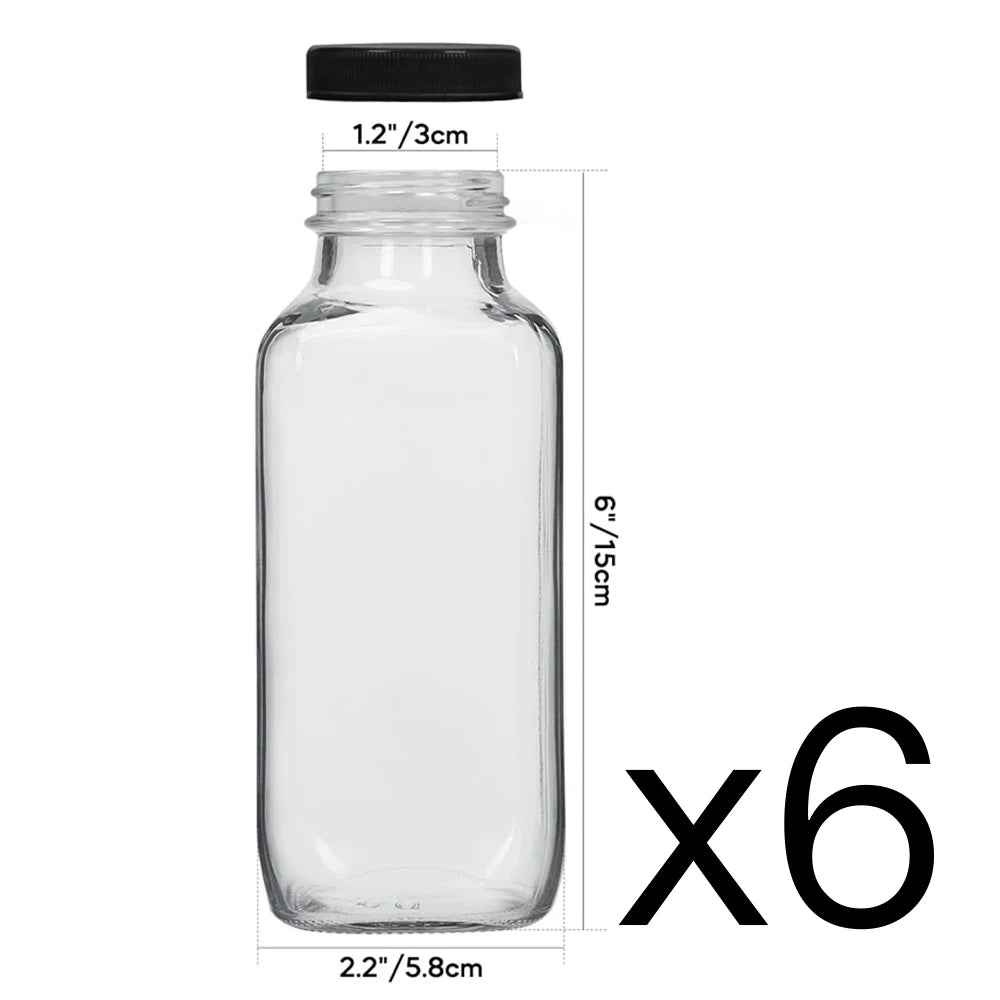 Glass Drink Bottles, 12OZ Vintage Square Water Bottles with Lids, Juice Bottles Beverages Containers for Milk, Kombucha, Smooth
