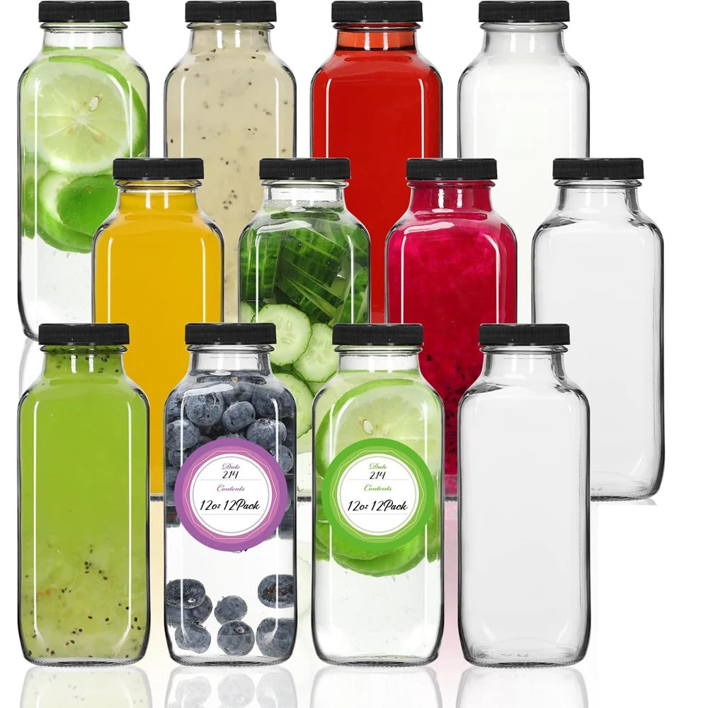 Glass Drink Bottles, 12OZ Vintage Square Water Bottles with Lids, Juice Bottles Beverages Containers for Milk, Kombucha, Smooth