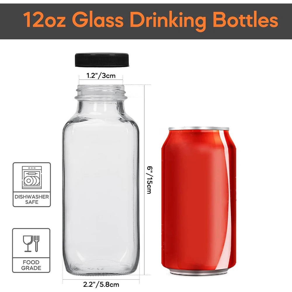 Glass Drink Bottles, 12OZ Vintage Square Water Bottles with Lids, Juice Bottles Beverages Containers for Milk, Kombucha, Smooth