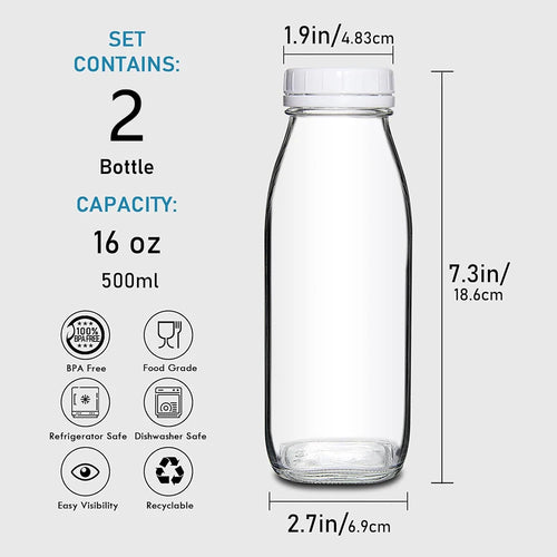 16oz Glass Milk Bottle-Vintage Reusable Dairy Drinking Containers for Milk,Juice,Yogurt,Smoothies,Honey,Tomato Sauce,Jam,Syrup