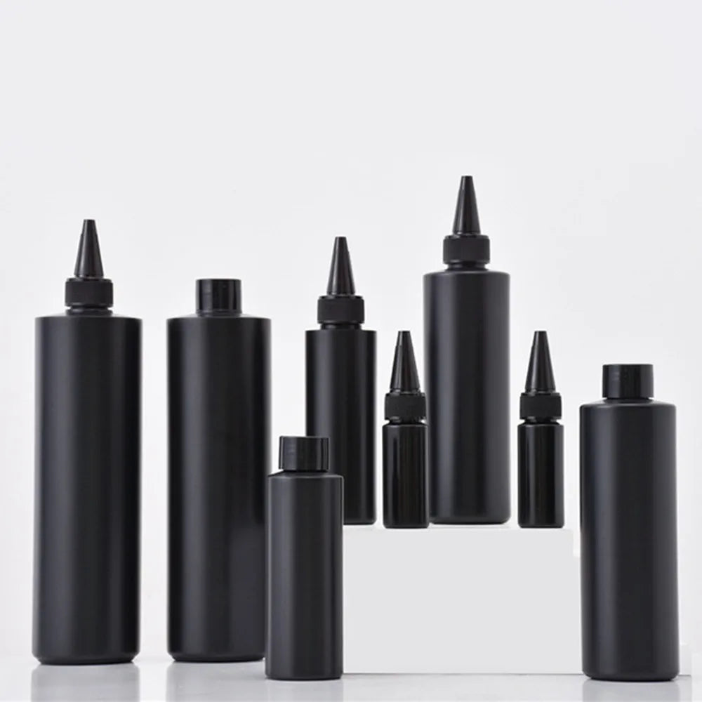 black HDPE cylinder round 1/2/4/8oz 30/100/200/250ml/500ml plastic soft flat bottle with Twist pointed mouth top cap for Uv Glue