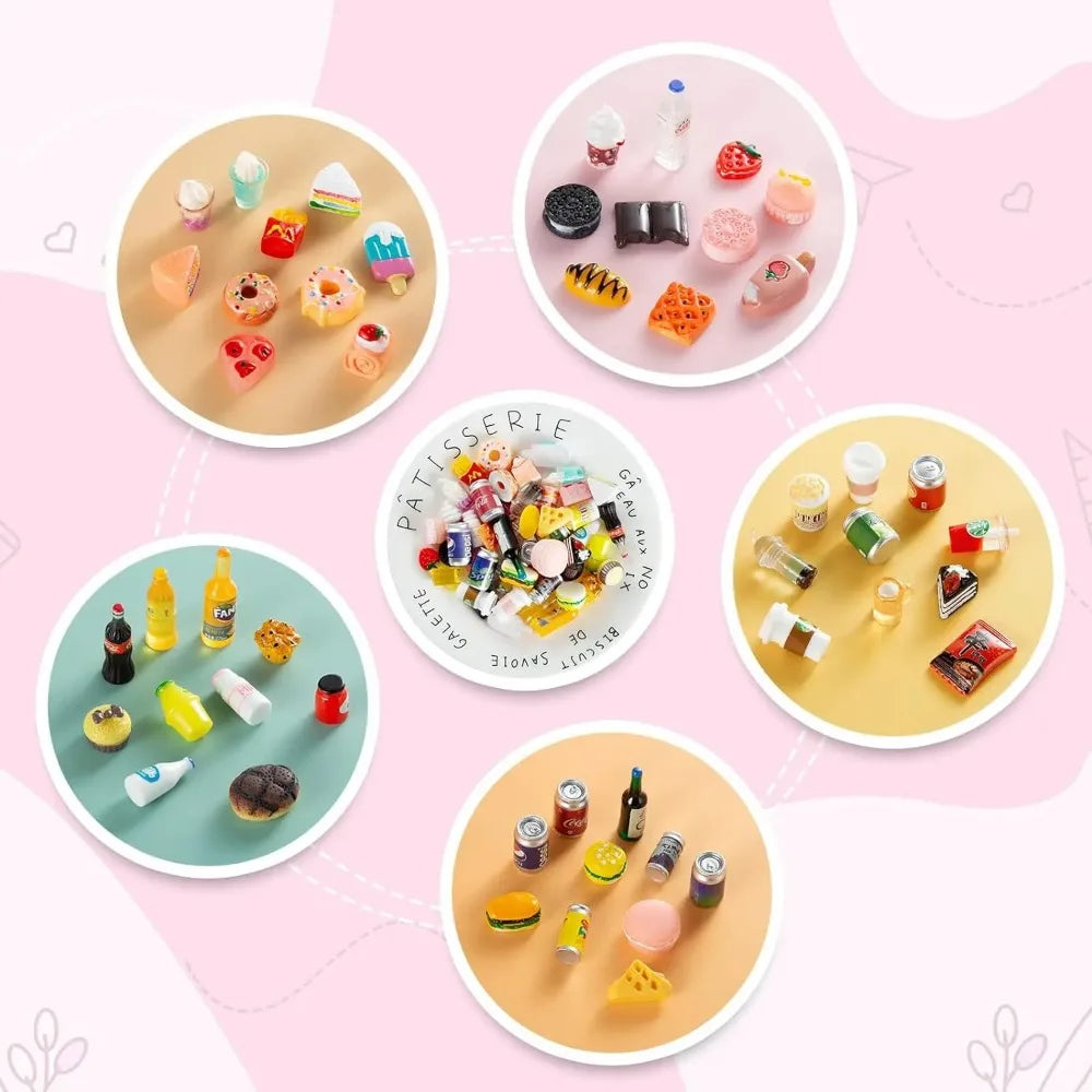 50Pcs Miniature Food Drink Bottles Soda Pop Cans Pretend Play Kitchen Game Party Accessories Toys Cake Ice Cream for Doll House
