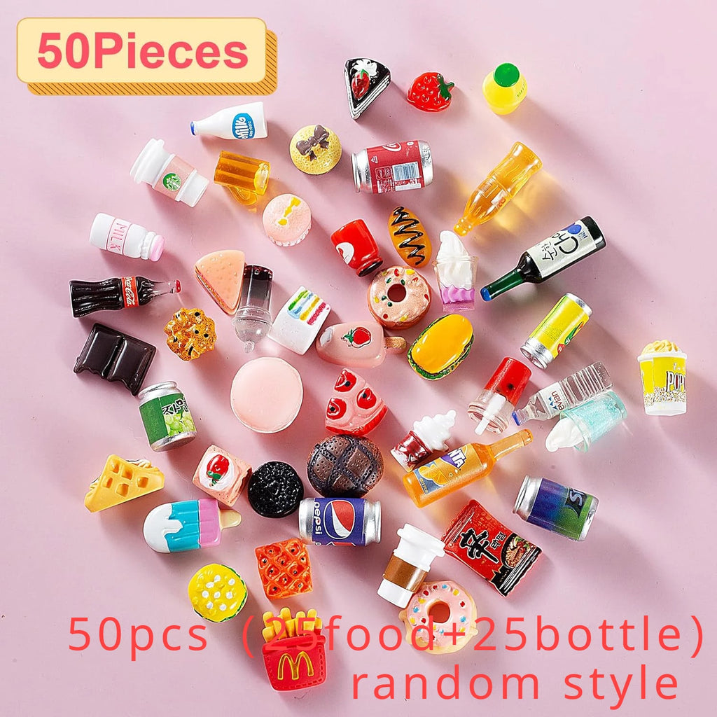50Pcs Miniature Food Drink Bottles Soda Pop Cans Pretend Play Kitchen Game Party Accessories Toys Cake Ice Cream for Doll House