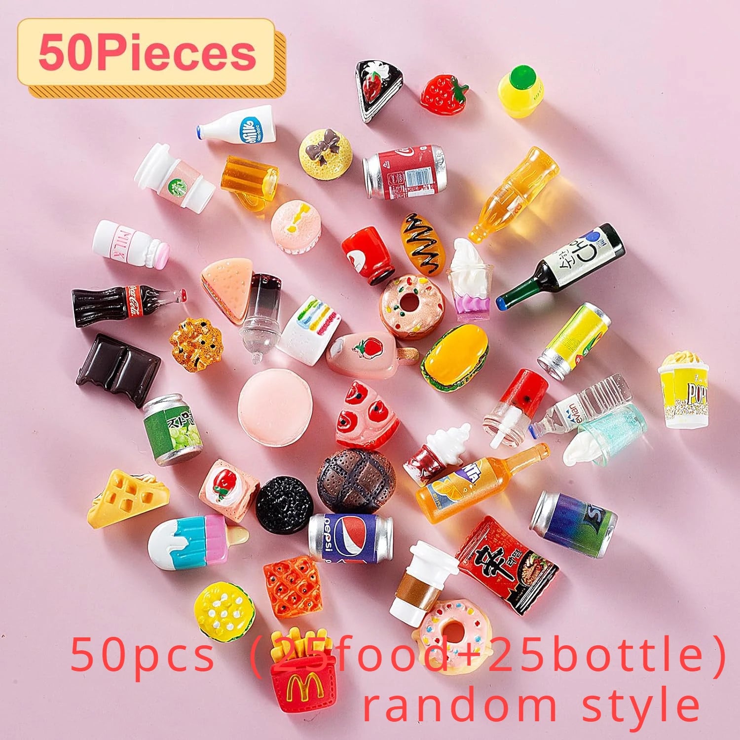 50Pcs Miniature Food Drink Bottles Soda Pop Cans Pretend Play Kitchen Game Party Accessories Toys Cake Ice Cream for Doll House