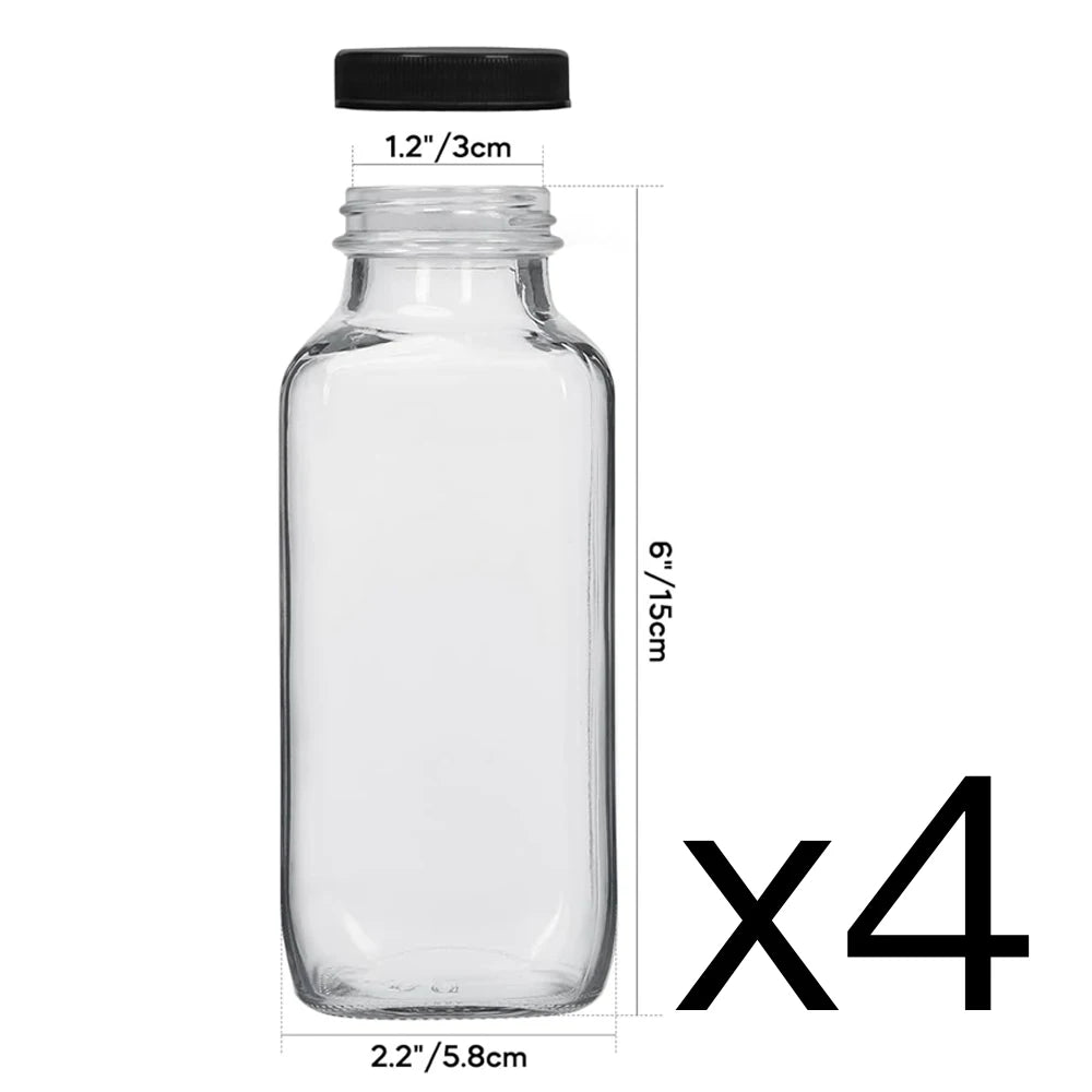 Glass Drink Bottles, 12OZ Vintage Square Water Bottles with Lids, Juice Bottles Beverages Containers for Milk, Kombucha, Smooth
