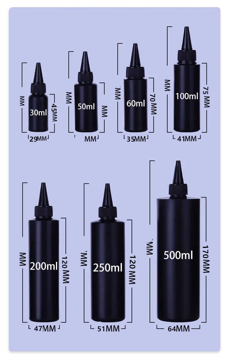 black HDPE cylinder round 1/2/4/8oz 30/100/200/250ml/500ml plastic soft flat bottle with Twist pointed mouth top cap for Uv Glue